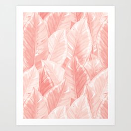 Modern Hand-painted Watercolor Big Tropical Leaves Pattern, Pastel Pink Color Art Print