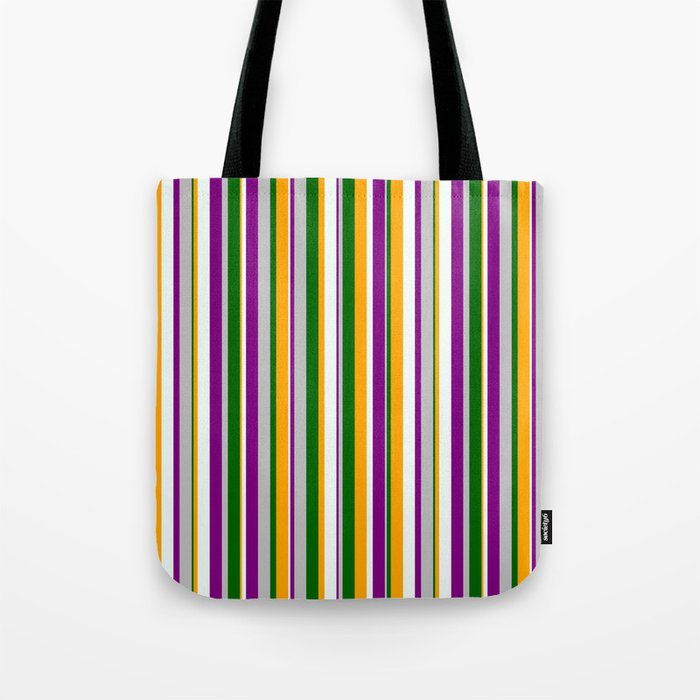 Colorful Grey, Purple, Mint Cream, Orange, and Dark Green Colored Stripes/Lines Pattern Tote Bag