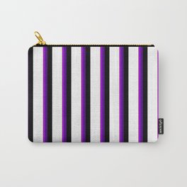 [ Thumbnail: Vibrant Tan, Dark Violet, Indigo, Black, and White Colored Pattern of Stripes Carry-All Pouch ]