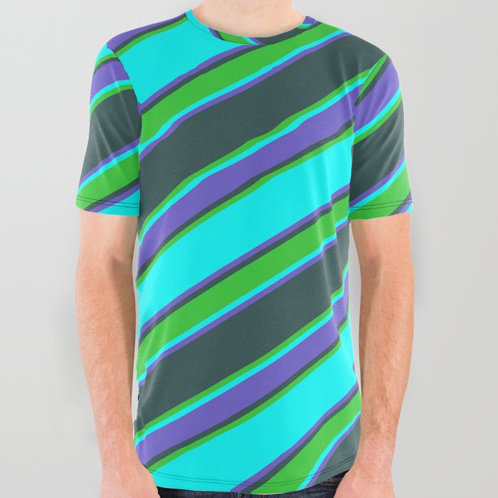 Cyan, Slate Blue, Dark Slate Gray & Lime Green Colored Stripes Pattern All Over Graphic Tee