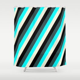 [ Thumbnail: Dark Slate Gray, Cyan, Beige, and Black Colored Lines Pattern Shower Curtain ]