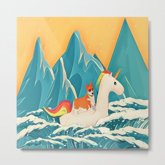 Corgi and the rainbow unicorn Metal Print