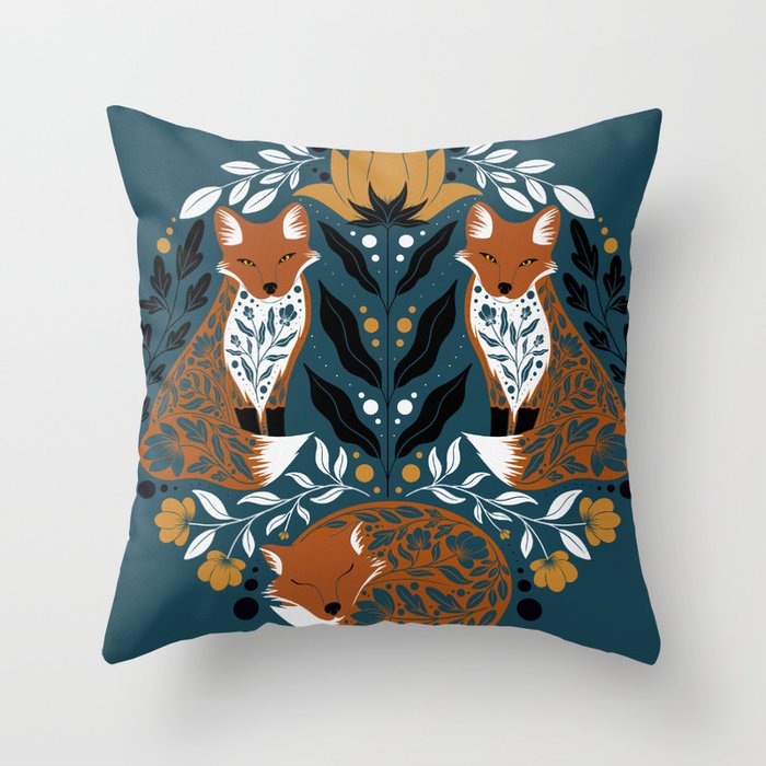 Teal Botanical Foxes Throw Pillow