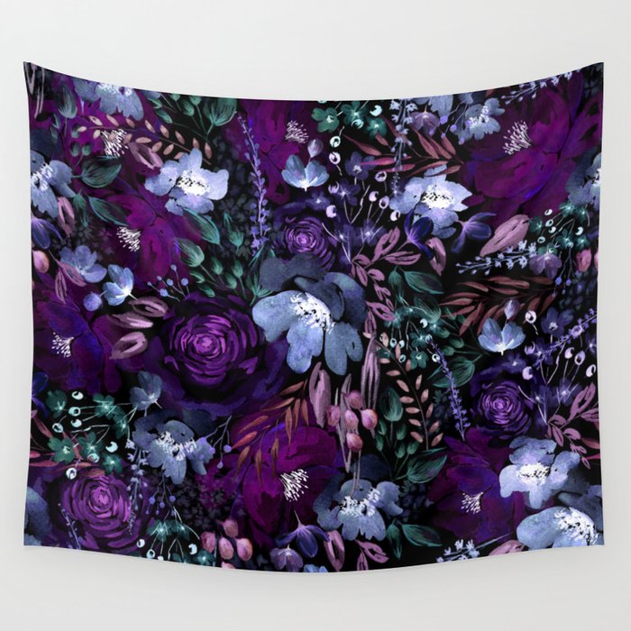 Deep Floral Chaos blue & violet Wall Tapestry