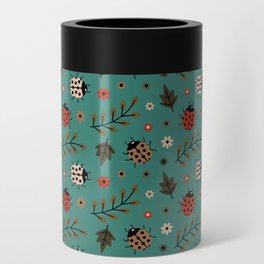 Ladybug and Floral Seamless Pattern on Green Blue Background Can Cooler