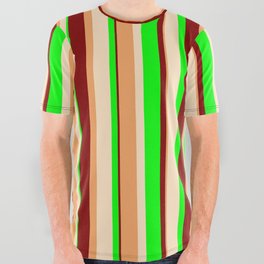 [ Thumbnail: Brown, Bisque, Lime & Maroon Colored Pattern of Stripes All Over Graphic Tee ]