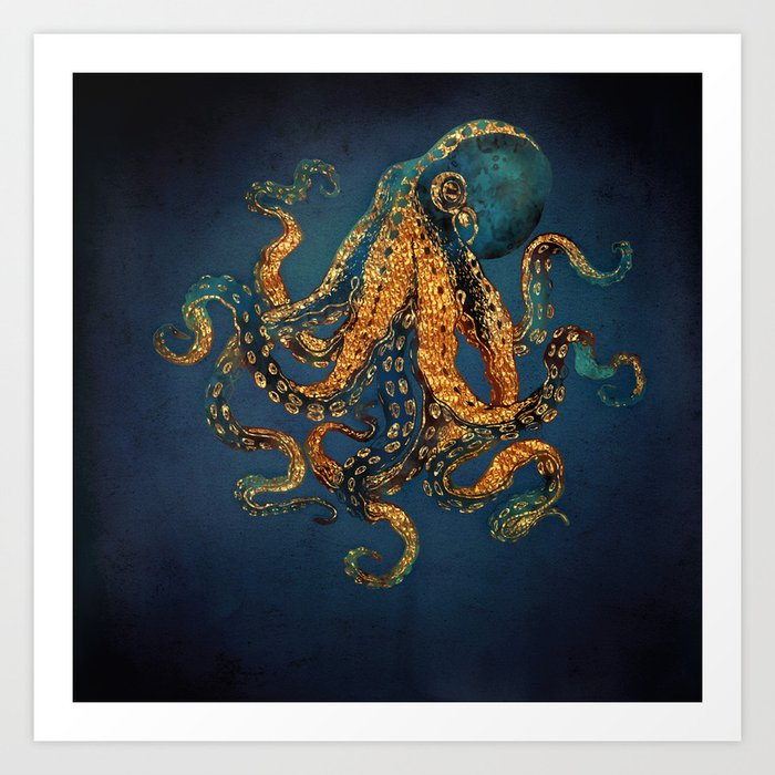 Underwater Dream IV Kunstdrucke | Graphic-design, Digital, Aquarell, Tintenfisch, Marin, Cobalt, Blau, Navy, Indigo, Gold