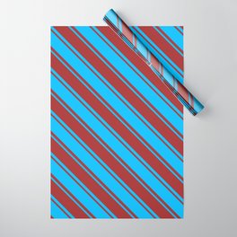 [ Thumbnail: Deep Sky Blue & Brown Colored Striped Pattern Wrapping Paper ]
