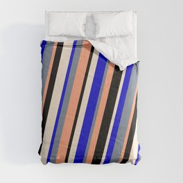 [ Thumbnail: Colorful Blue, Slate Gray, Light Salmon, Black, and Beige Colored Lined/Striped Pattern Comforter ]