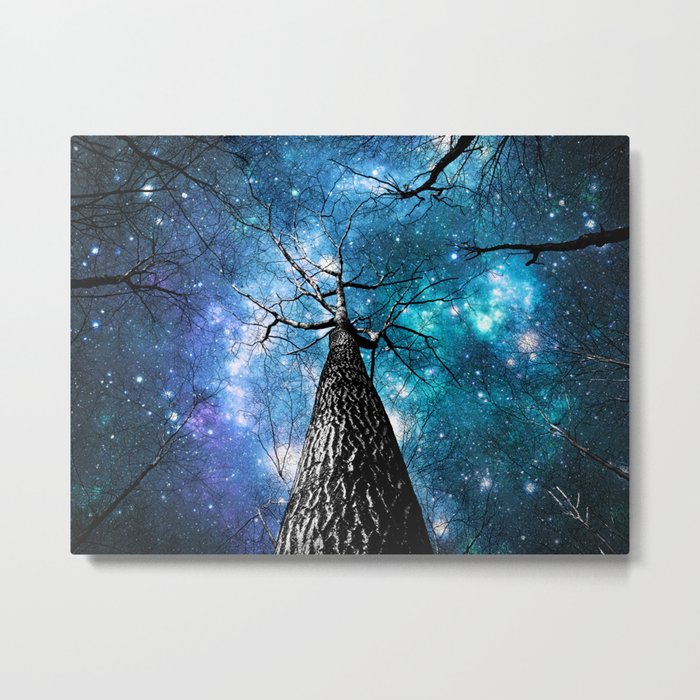 Wintry Trees Galaxy Skies Teal Blue Violet Metal Print