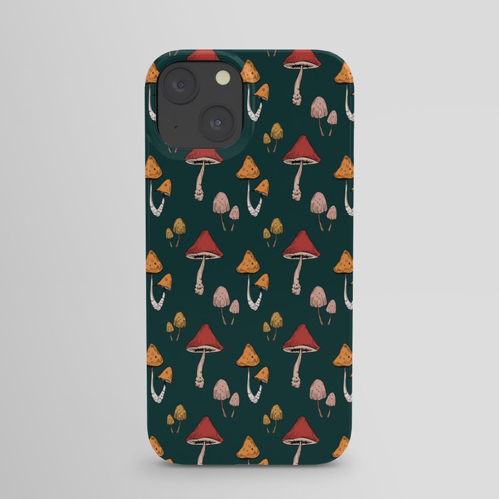 Mushrooms and Toadstools Forest Pattern - Green Blue background, Red, Yellow, Pink, Orange iPhone Case