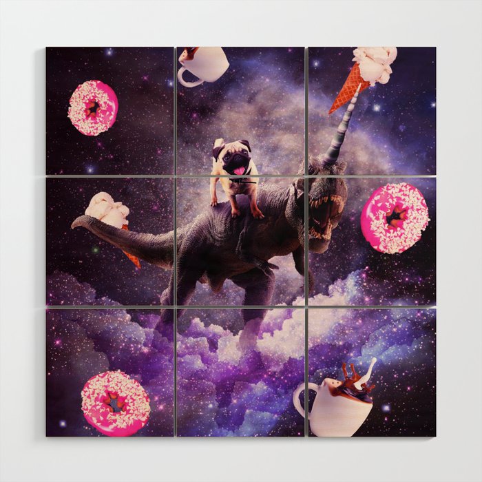 Outer Space Pug Riding Dinosaur Unicorn - Donut Wood Wall Art