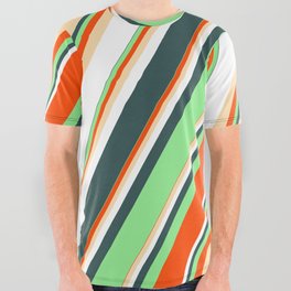 [ Thumbnail: Light Green, Red, Tan, White, and Dark Slate Gray Colored Striped Pattern All Over Graphic Tee ]