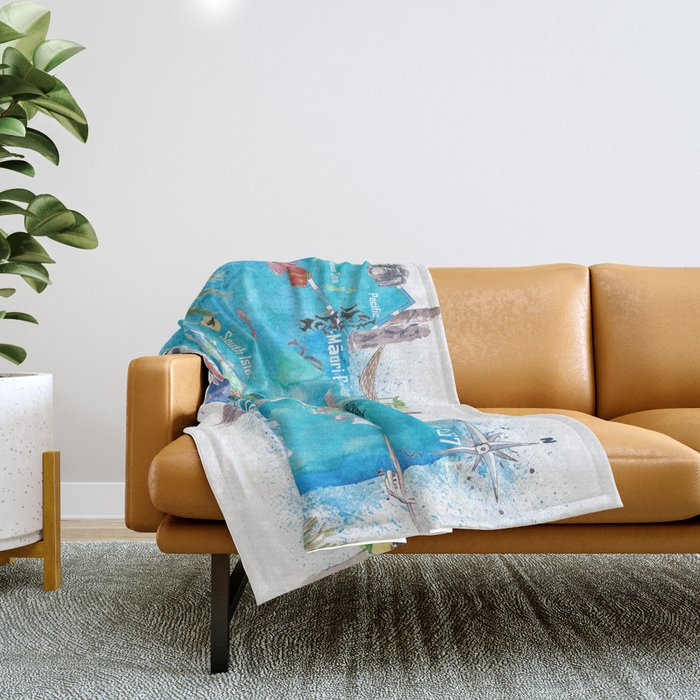 New Zealand Illustrated Travel Map with Tourist Highlights Throw Blanket