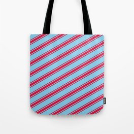 [ Thumbnail: Sky Blue & Crimson Colored Lines/Stripes Pattern Tote Bag ]