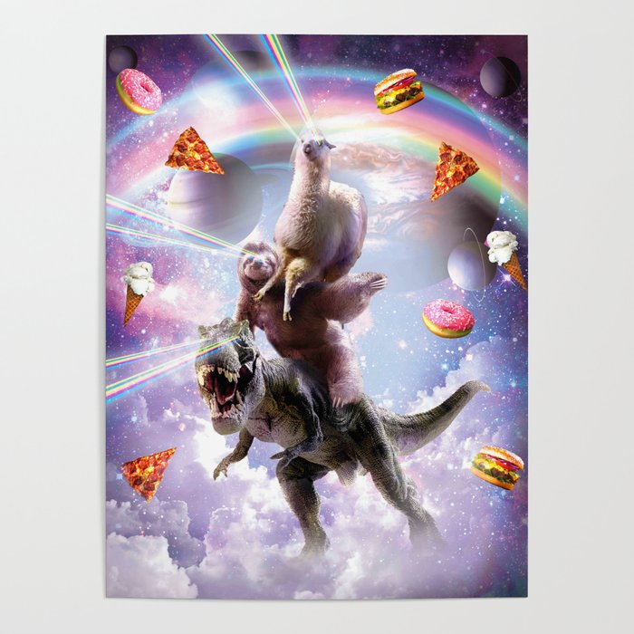 Laser Eyes Space Llama On Sloth Dinosaur - Rainbow Poster