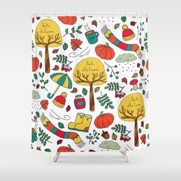 Doodle illustration on the theme of autumn. Autumn seamless pattern. A set of autumn themes: leaf fall, wind, warm clothes, jam and tea. Cartoon manual rendering. vintage image on a white background.  Shower Curtain