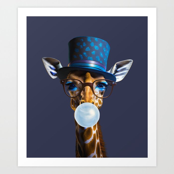 Giraffe wearing glasses a blue top hat and blowing blue bubble gum Art Print