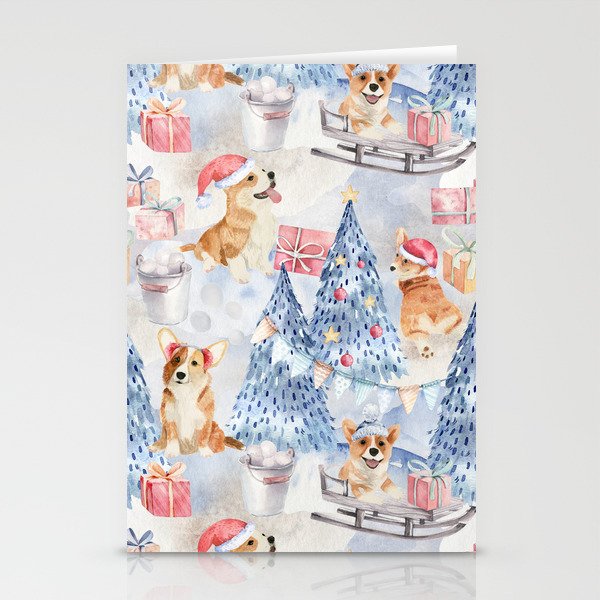 Welsh Corgi Dog Breed Christmas Watercolor Woodland Party -Cute Corgis Celebrate X-Mas In Forest Stationery Cards