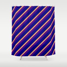 [ Thumbnail: Brown, Indigo, and Blue Colored Striped/Lined Pattern Shower Curtain ]