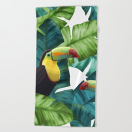 Toucans Tropical Banana Leaves Pattern Beach Towel