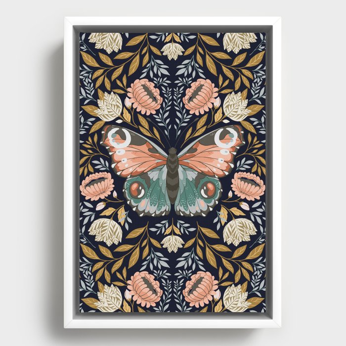 William Morris Inspired Butterfly Pattern - Midnight Garden Framed Canvas