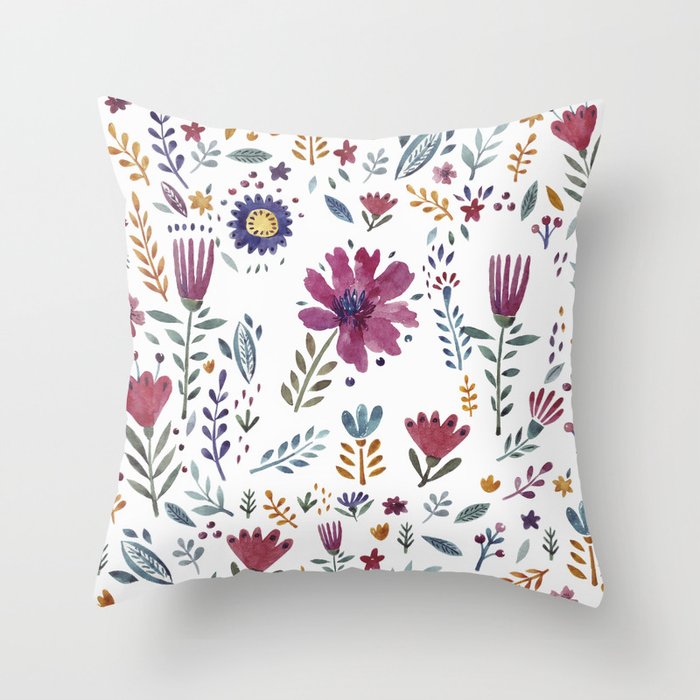 Watercolor Flowers White Throw Pillow