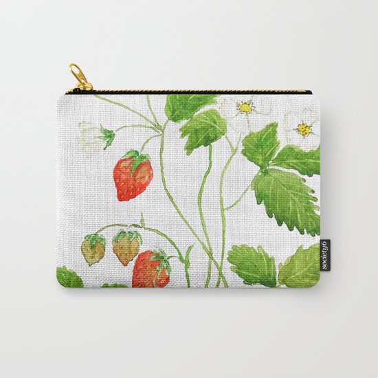 strawberry and strawberry flowers watercolor painting Carry-All Pouch