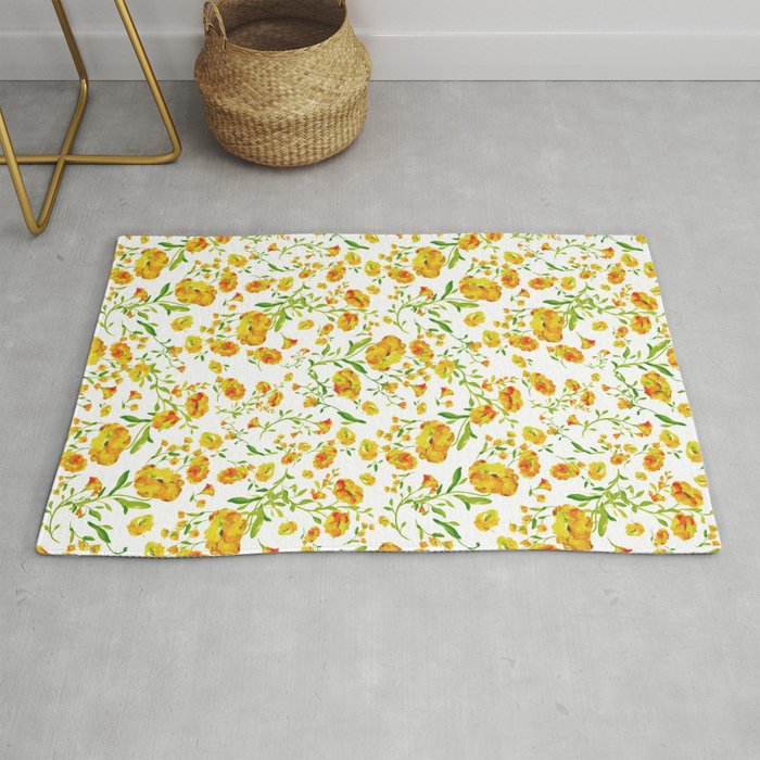 Yellow-gold flowers on white - yellow, gold, amber 2 Rug