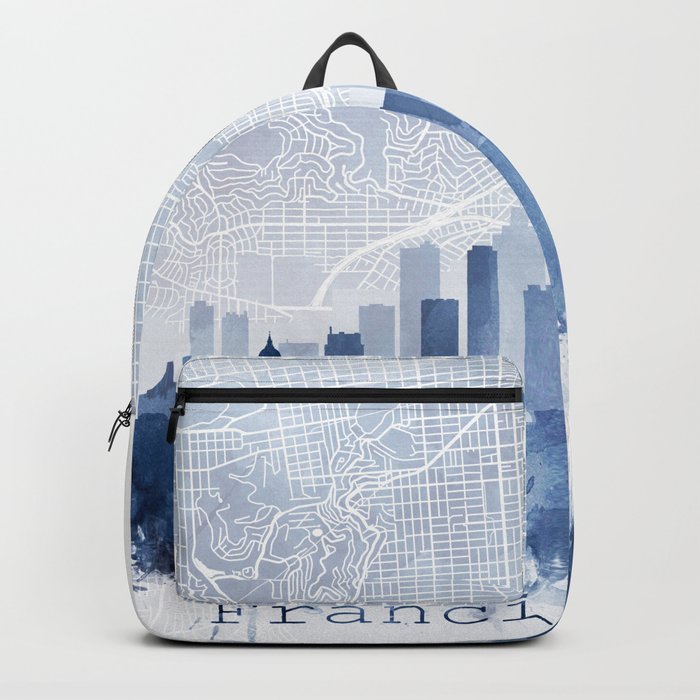 San Francisco Skyline & Map Watercolor Navy Blue, Print by Zouzounio Art Backpack
