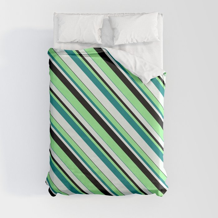 Green, Teal, Mint Cream & Black Colored Lined Pattern Duvet Cover