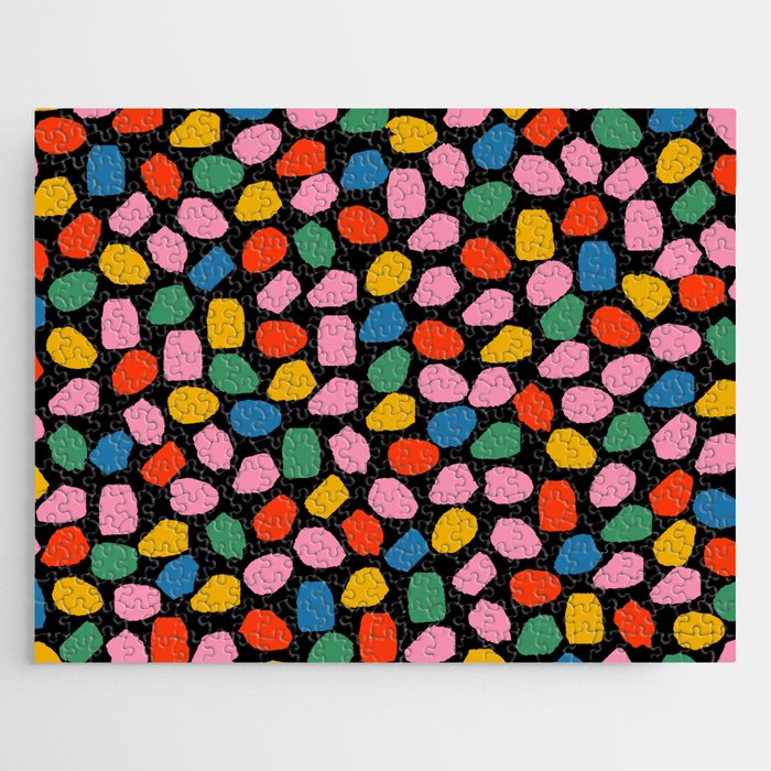 Ink Dot Colourful Mosaic Pattern in Rainbow Pop Colours on Black Jigsaw Puzzle
