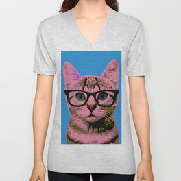 Geek Cat with Glasses V Neck T Shirt