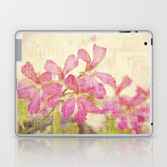 Vintage Whimsical Watermelon Pink Summer Geraniums in the City Montage Collage _  très chic Laptop & iPad Skin