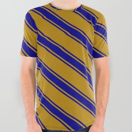 [ Thumbnail: Dark Goldenrod and Dark Blue Colored Stripes/Lines Pattern All Over Graphic Tee ]
