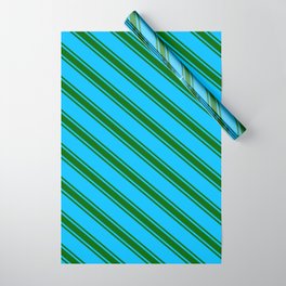 [ Thumbnail: Deep Sky Blue & Dark Green Colored Stripes/Lines Pattern Wrapping Paper ]