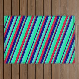 [ Thumbnail: Turquoise, Green, Crimson & Blue Colored Lines Pattern Outdoor Rug ]