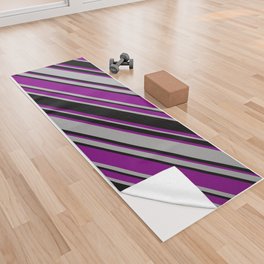 [ Thumbnail: Purple, Dark Gray & Black Colored Striped/Lined Pattern Yoga Towel ]