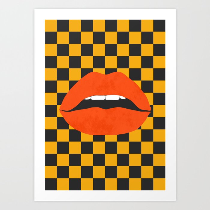 Funky pop-art sexy lips,  black yellow check. Art Print