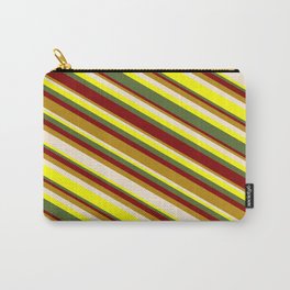 [ Thumbnail: Eyecatching Maroon, Dark Goldenrod, Beige, Yellow & Dark Olive Green Colored Striped Pattern Carry-All Pouch ]