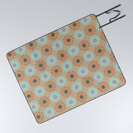 Retro Blue And Beige Brown Floral Pattern Picnic Blanket