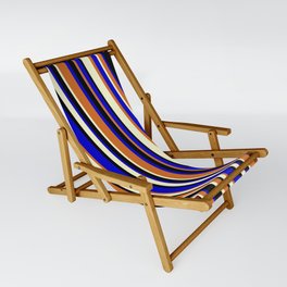[ Thumbnail: Chocolate, Light Yellow, Black & Blue Colored Lines/Stripes Pattern Sling Chair ]