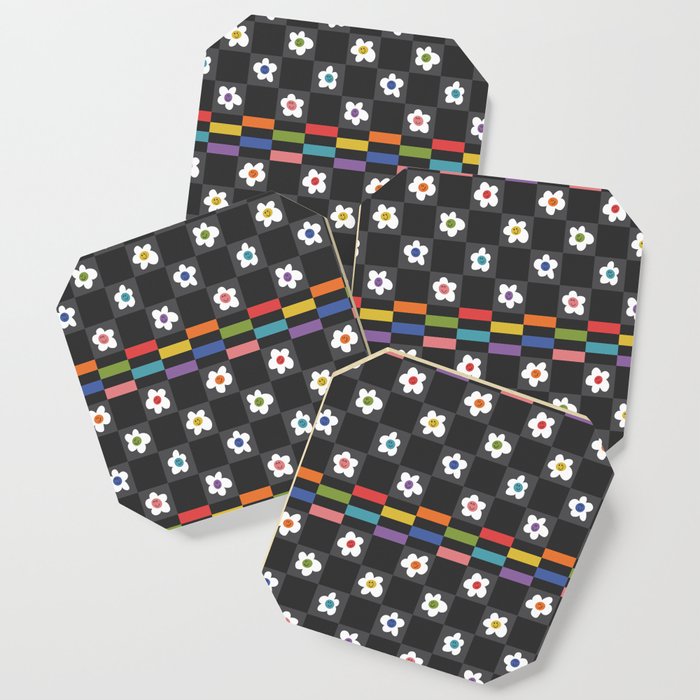 Rainbow Smileyface Checkerboard Pattern on black Coaster