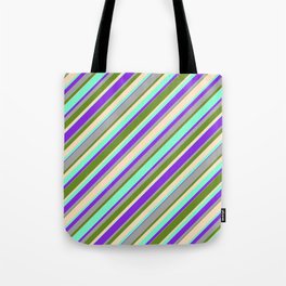 [ Thumbnail: Green, Bisque, Aquamarine, Purple & Dark Gray Colored Stripes Pattern Tote Bag ]