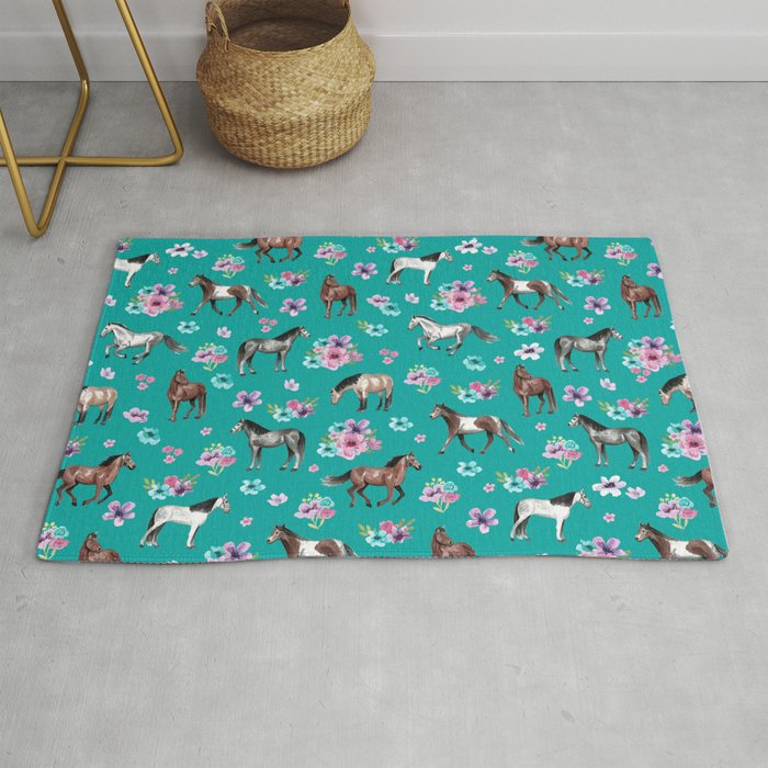 Horse Pattern Floral Print Turquoise Little Girls Room Horses Rug By Cateandrainn