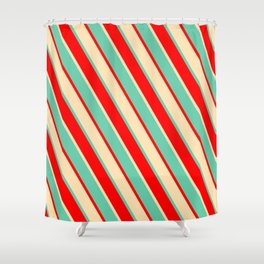 [ Thumbnail: Aquamarine, Red & Beige Colored Stripes Pattern Shower Curtain ]