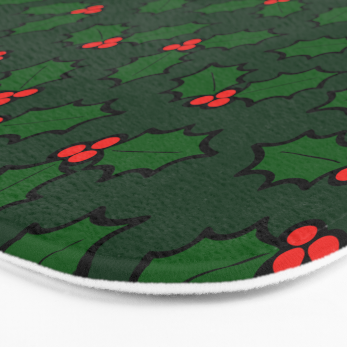 Holly Leaves And Berries Pattern In Dark Green Bath Mat By