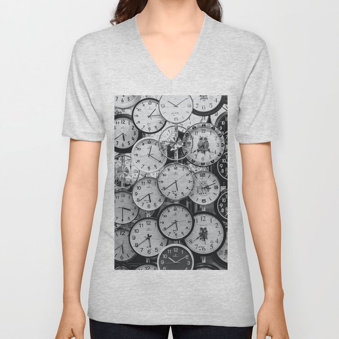 Clocks montage, time variations black and white portrait photograph - photography - photographs V Neck T Shirt