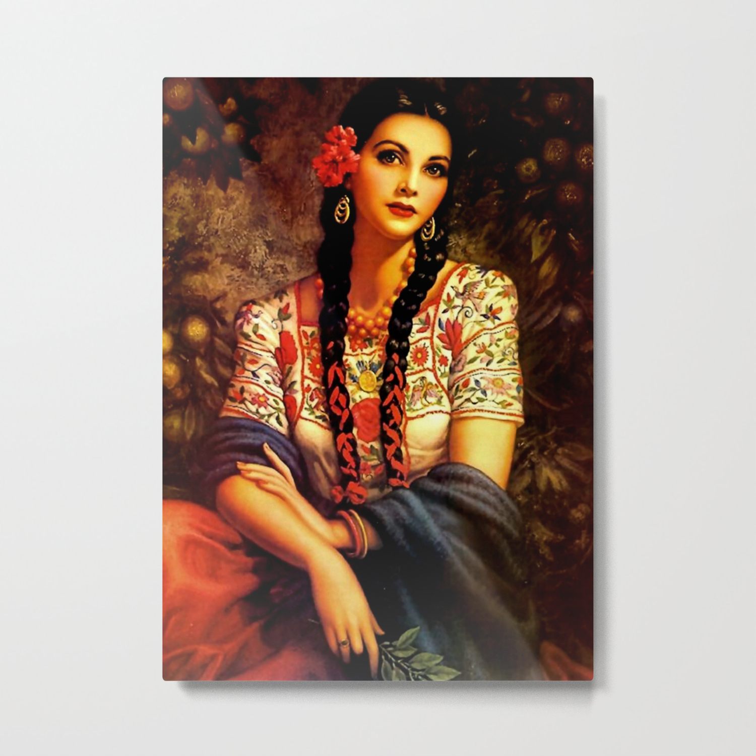 Jesus Helguera Painting Of A Mexican Calendar Girl With Braids