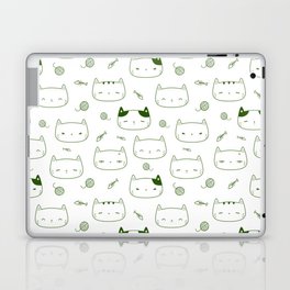Green Doodle Kitten Faces Pattern Laptop Skin